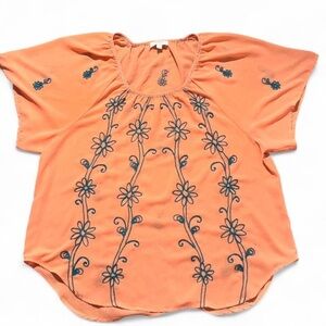Umgee Orange See Through Blouse with Blue Floral Embroidery